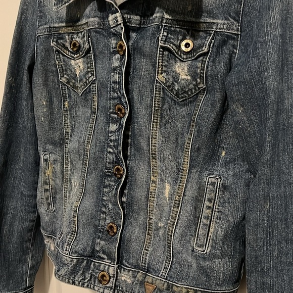 Guess Y2K Vintage Distressed Jean Denim Jacket Stretch Size Large w Gold Paint - Picture 3 of 10